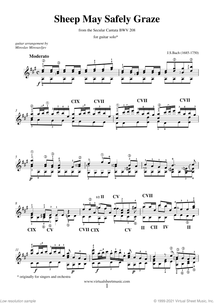 Sheep May Safely Graze sheet music for guitar solo by Johann Sebastian Bach, classical wedding score, intermediate skill level