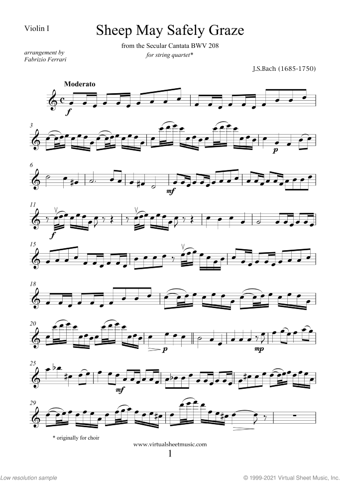 Sheep May Safely Graze (parts) sheet music for string quartet by Johann Sebastian Bach, classical wedding score, intermediate skill level