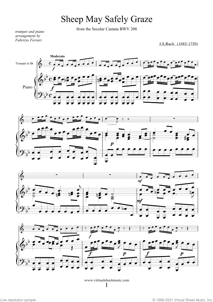 Sheep May Safely Graze sheet music for trumpet and piano by Johann Sebastian Bach, classical wedding score, intermediate skill level