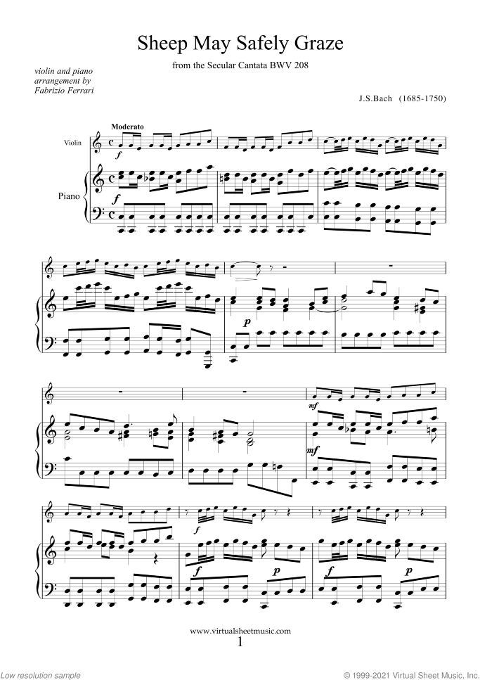 Sheep May Safely Graze sheet music for violin and piano by Johann Sebastian Bach, classical wedding score, easy skill level