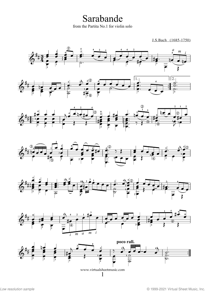 Sarabande and Gavotte sheet music for guitar solo by Johann Sebastian Bach, classical score, intermediate skill level