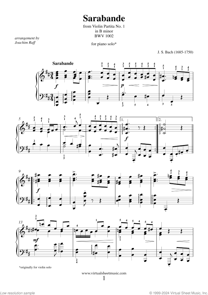Sarabanda from Partita 1 sheet music for piano solo by Johann Sebastian Bach, classical wedding score, intermediate skill level