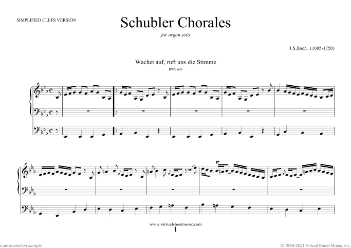 Schubler Chorales (simplified) sheet music for organ solo by Johann Sebastian Bach, classical score, intermediate skill level