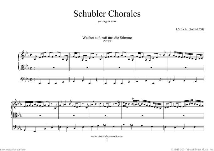 Schubler Chorales (original) sheet music for organ solo by Johann Sebastian Bach, classical score, intermediate skill level