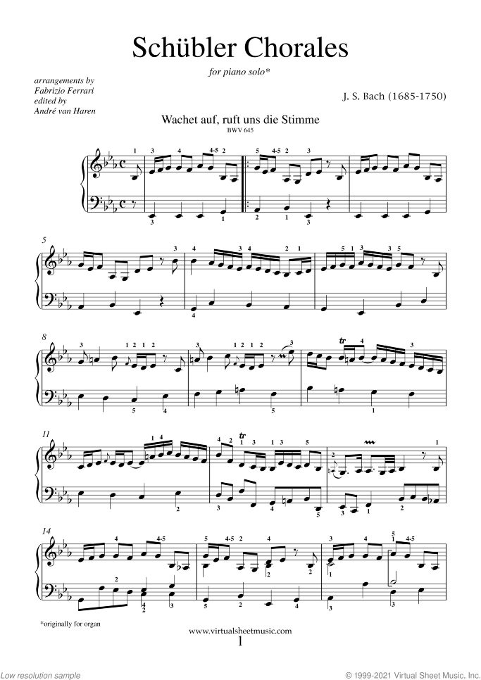 Schubler Chorales sheet music for piano solo by Johann Sebastian Bach, classical score, intermediate skill level