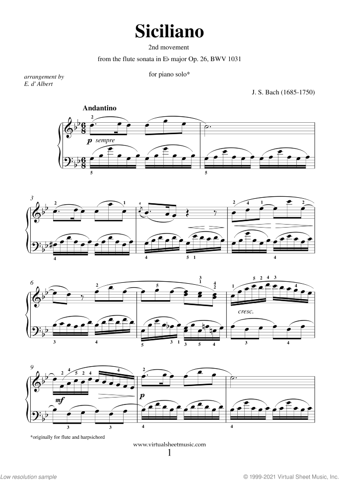Siciliano sheet music for piano solo (or harpsichord) by Johann Sebastian Bach, classical score, intermediate piano (or harpsichord)