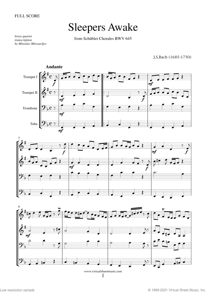 Sleepers Awake (f.score) sheet music for brass quartet by Johann Sebastian Bach, classical score, intermediate skill level