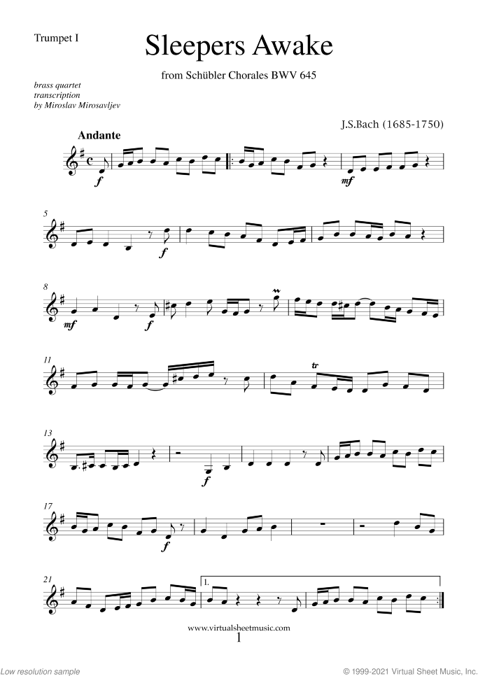 Sleepers Awake (COMPLETE) sheet music for brass quartet by Johann Sebastian Bach, classical score, intermediate skill level