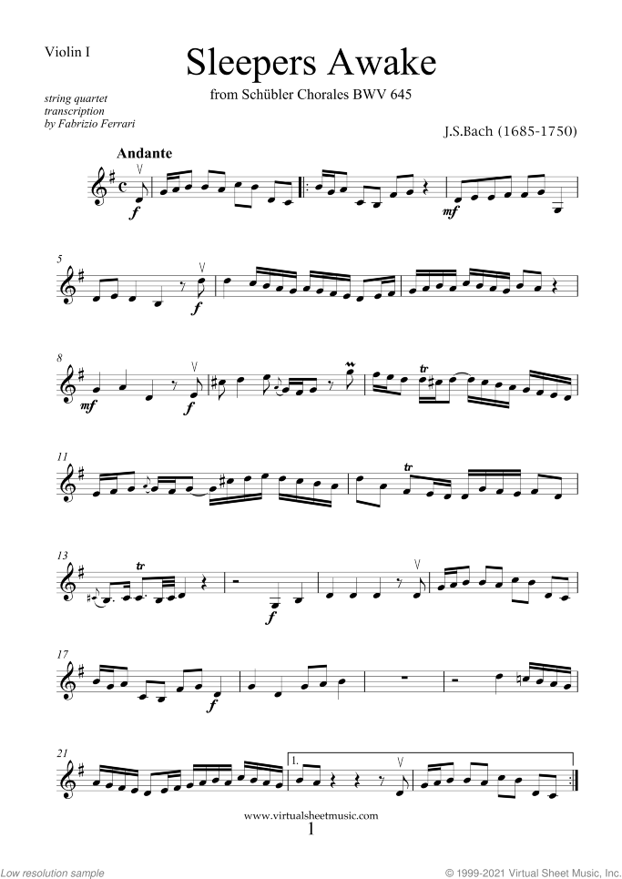 Sleepers Awake (parts) sheet music for string quartet by Johann Sebastian Bach, classical score, intermediate skill level