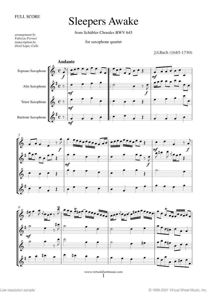 Sleepers Awake (f.score) sheet music for saxophone quartet by Johann Sebastian Bach, classical score, intermediate skill level