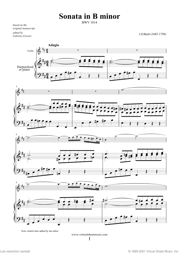 Sonata in B minor BWV 1014 sheet music for violin and piano (or harpsichord) by Johann Sebastian Bach, classical score, intermediate skill level