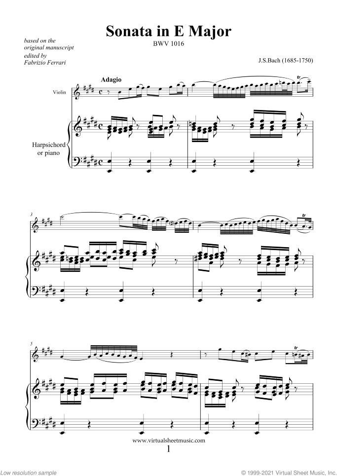 Sonata in E major BWV 1016 sheet music for violin and piano (or harpsichord) by Johann Sebastian Bach, classical score, intermediate skill level
