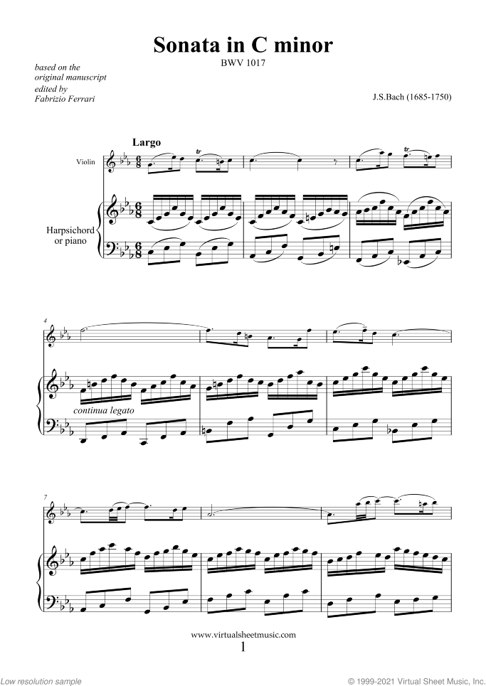 Sonata in C minor BWV 1017 sheet music for violin and piano (or harpsichord) by Johann Sebastian Bach, classical score, intermediate skill level