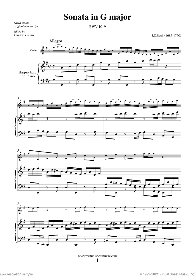 Sonata in G major BWV 1019 sheet music for violin and piano (or harpsichord) by Johann Sebastian Bach, classical score, intermediate skill level