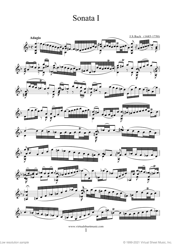 Sonata No.1 in G minor sheet music for violin solo by Johann Sebastian Bach, classical score, advanced skill level
