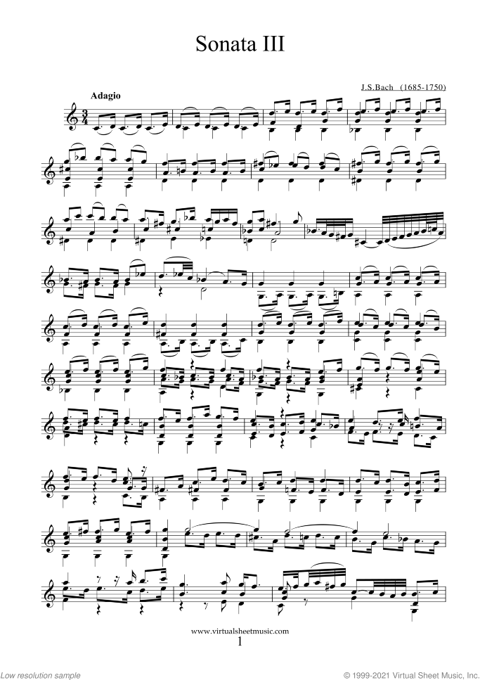 Sonata No.3 in C major sheet music for violin solo by Johann Sebastian Bach, classical score, advanced skill level
