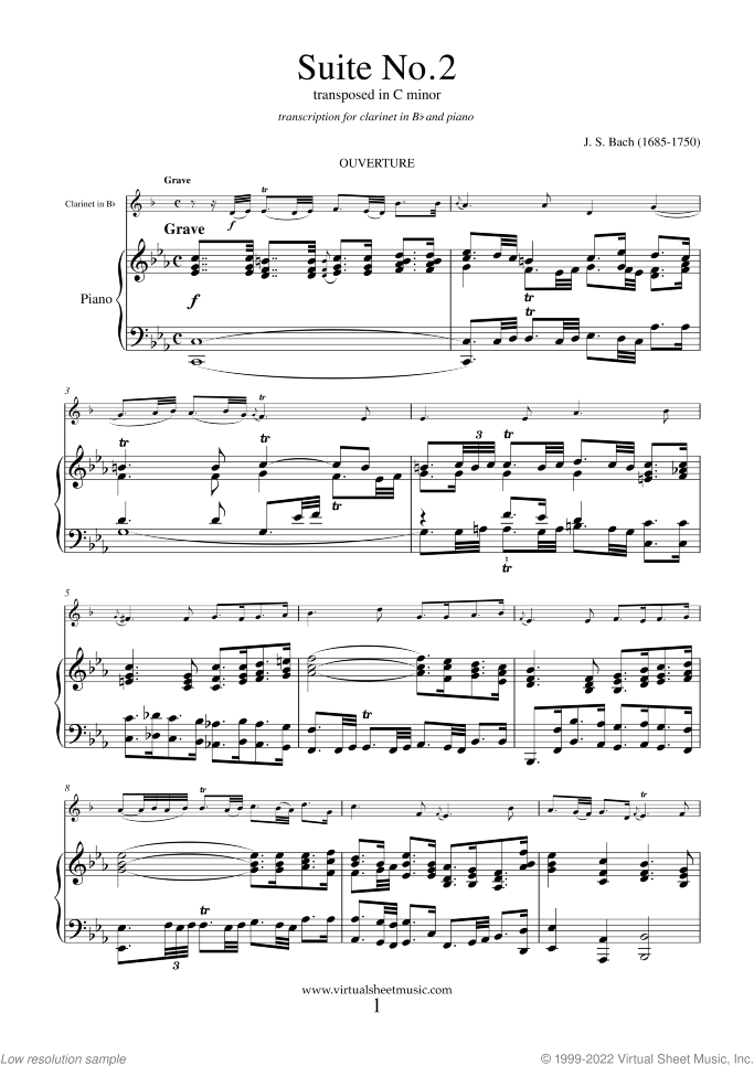 Suite No. 2 in B minor sheet music for clarinet and piano by Johann Sebastian Bach, classical score, intermediate skill level