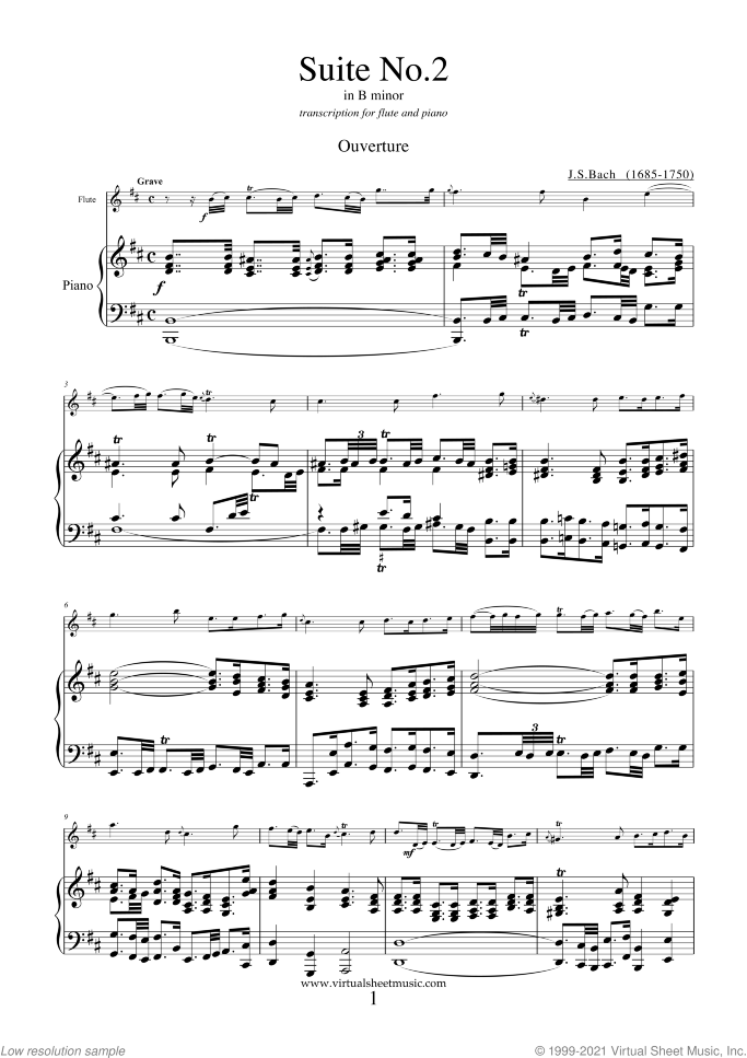 Suite No. 2 in B minor sheet music for flute and piano by Johann Sebastian Bach, classical score, intermediate skill level