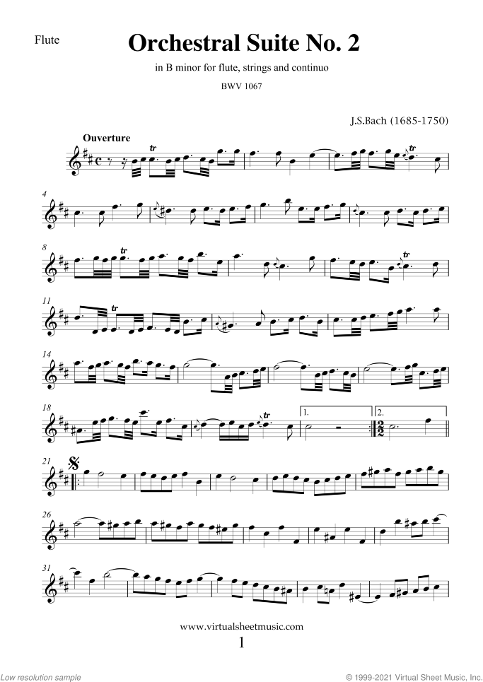Orchestral Suite No.2 BWV 1067 (parts) sheet music for orchestra by Johann Sebastian Bach, classical score, intermediate skill level