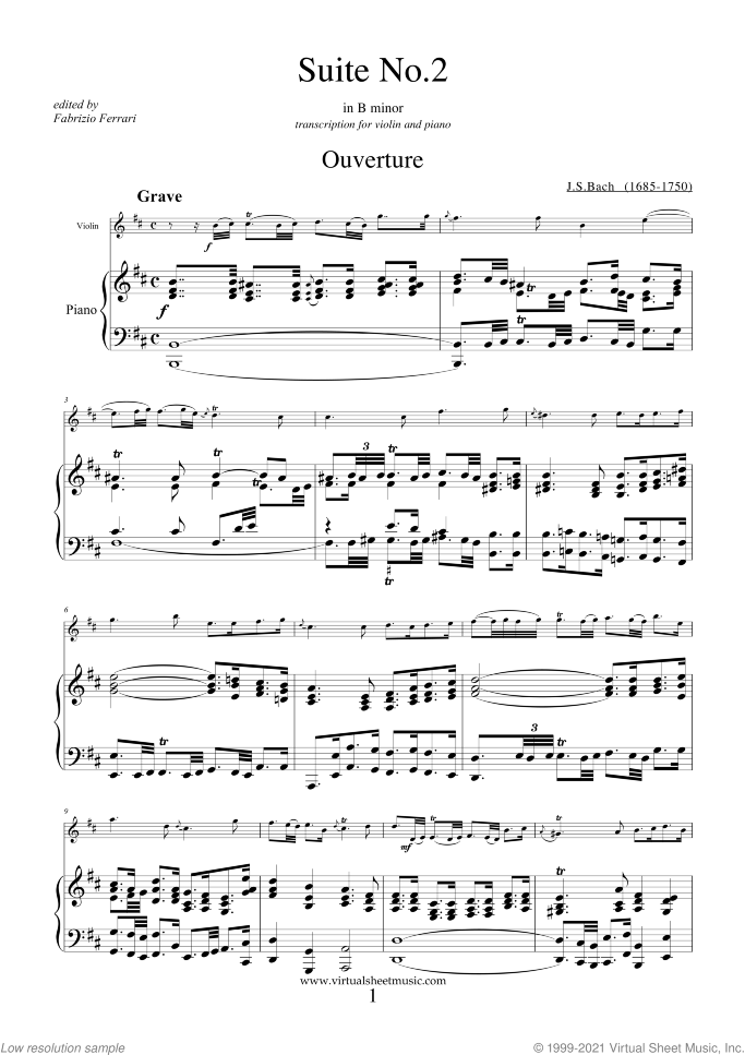 Suite No. 2 in B minor sheet music for violin and piano by Johann Sebastian Bach, classical score, intermediate skill level