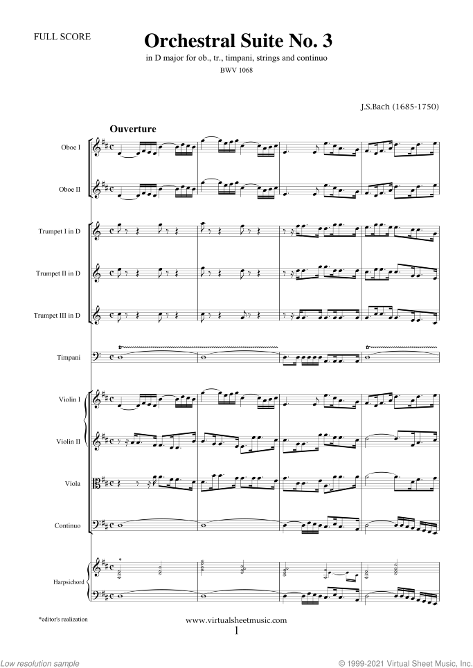 Orchestral Suite No.3 BWV 1068 (COMPLETE) sheet music for orchestra by Johann Sebastian Bach, classical score, intermediate skill level