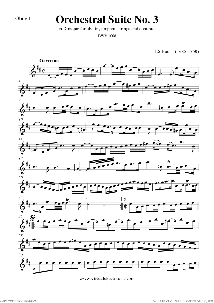 Orchestral Suite No.3 BWV 1068 (parts) sheet music for orchestra by Johann Sebastian Bach, classical score, intermediate skill level