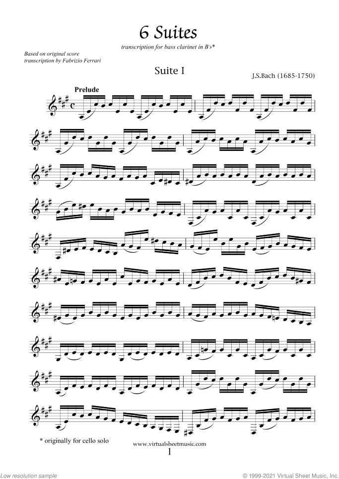 Suites sheet music for bass clarinet solo by Johann Sebastian Bach, classical score, intermediate skill level