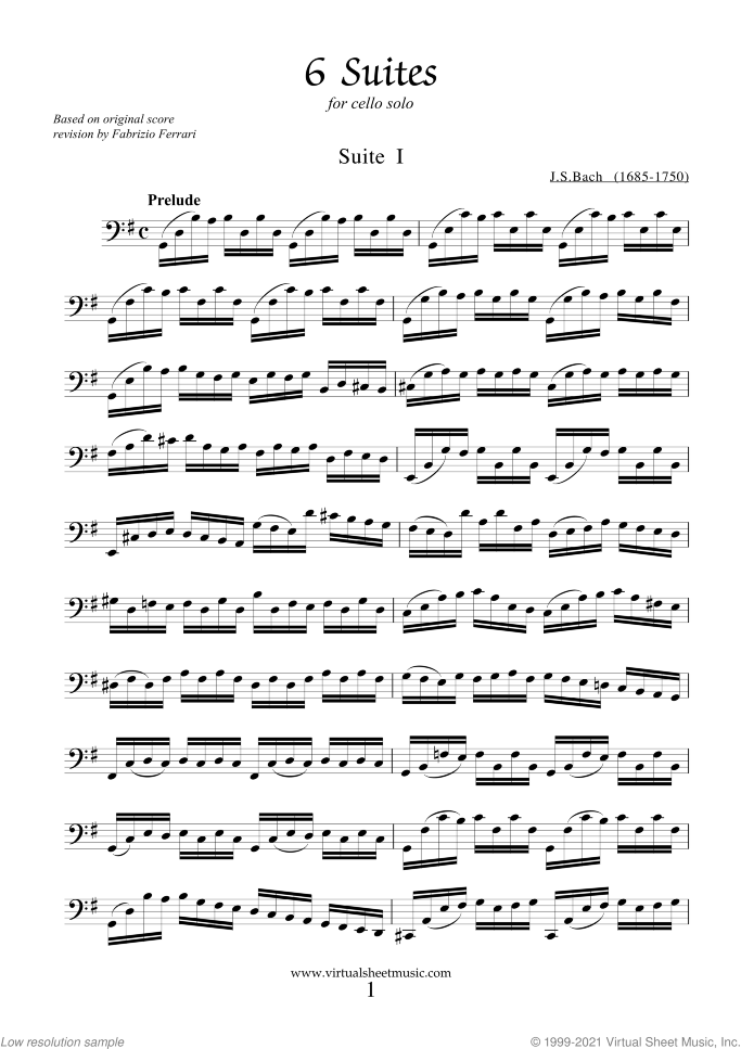 Suites sheet music for cello solo by Johann Sebastian Bach, classical score, advanced skill level