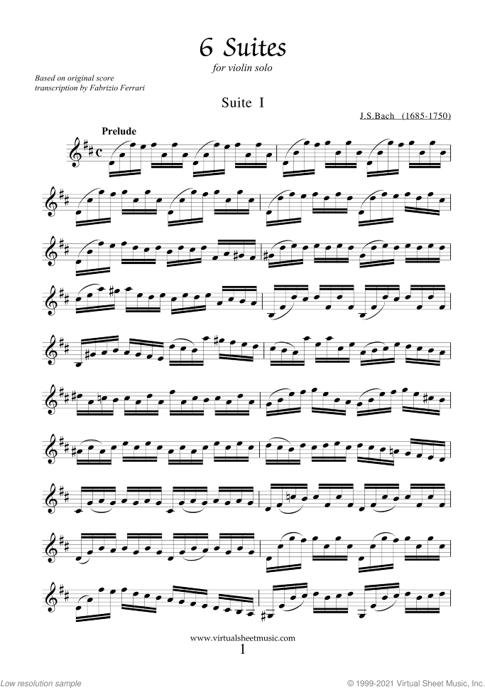 Suites sheet music for violin solo by Johann Sebastian Bach, classical score, intermediate skill level