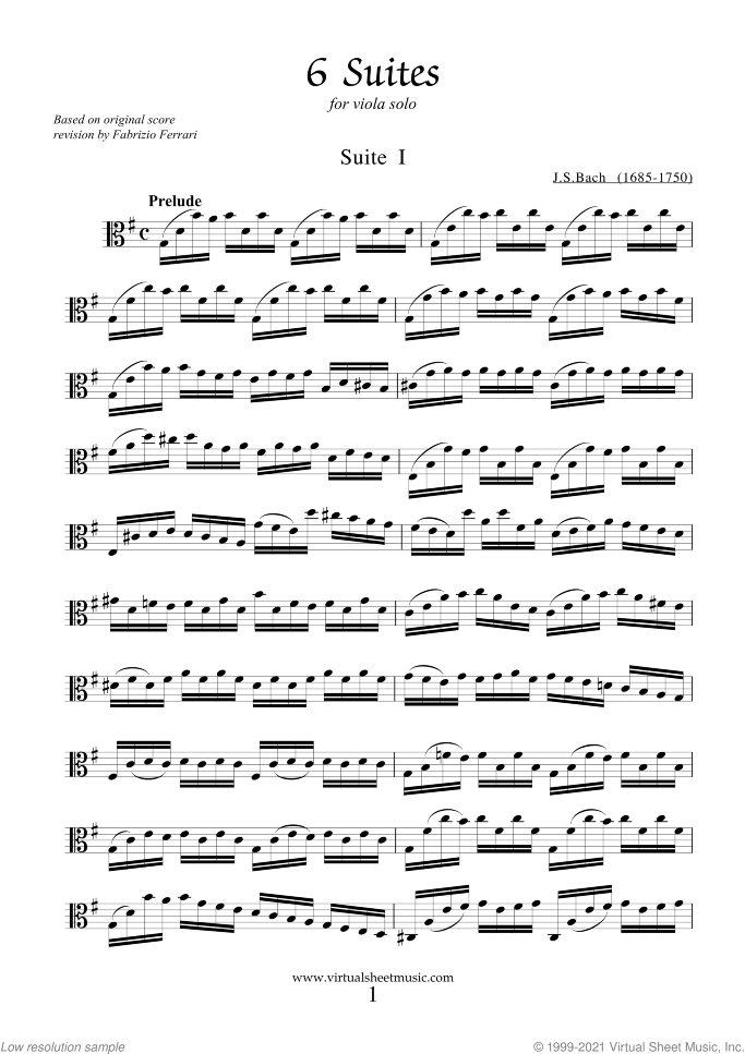 Suites sheet music for viola solo by Johann Sebastian Bach, classical score, advanced skill level