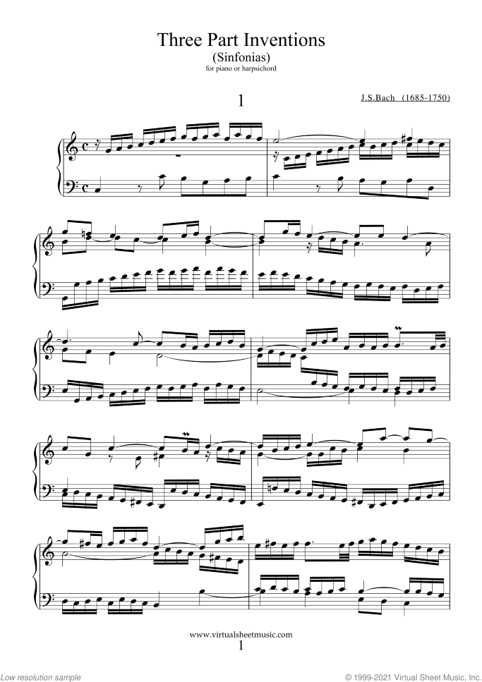 Three Part Inventions (Sinfonias) sheet music for piano solo (or harpsichord) by Johann Sebastian Bach, classical score, intermediate piano (or harpsichord)