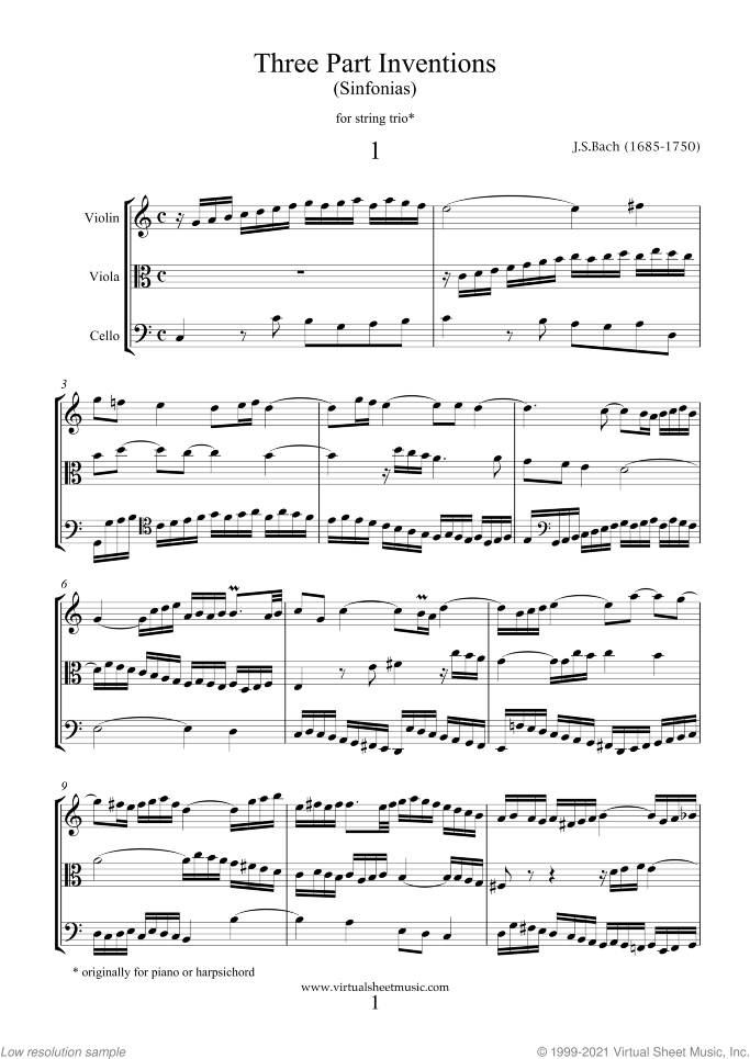Three Part Inventions (Sinfonias) sheet music for string trio by Johann Sebastian Bach, classical score, intermediate/advanced skill level