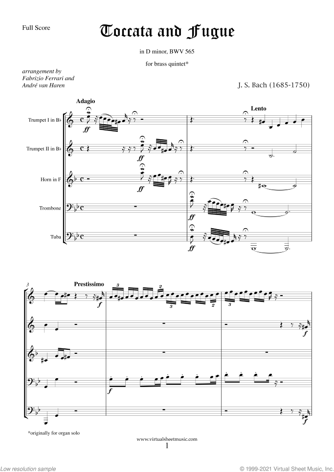 Toccata and Fugue in D minor BWV 565 (COMPLETE) sheet music for brass quintet by Johann Sebastian Bach, classical score, intermediate/advanced skill level