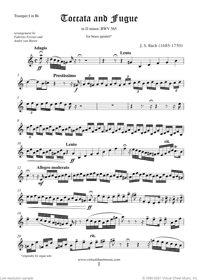 Toccata and Fugue in D minor BWV 565 (parts) sheet music for brass quintet by Johann Sebastian Bach, classical score, intermediate/advanced skill level