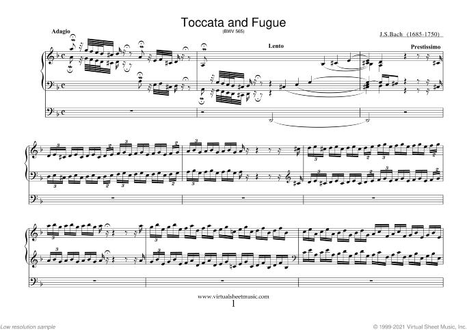 Toccata and Fugue in D minor BWV 565 sheet music for organ solo by Johann Sebastian Bach, classical score, intermediate skill level