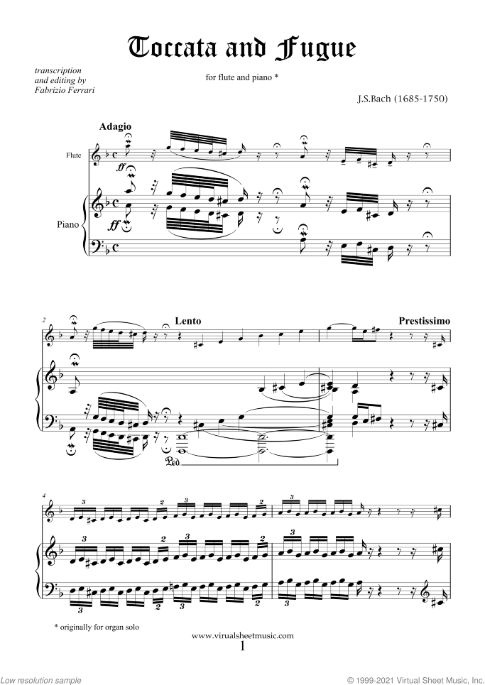 Toccata and Fugue in D minor BWV 565 sheet music for flute and piano by Johann Sebastian Bach, classical score, intermediate/advanced skill level