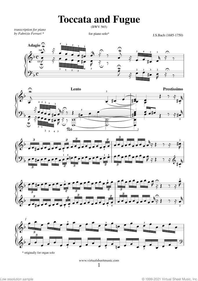 Toccata and Fugue in D minor BWV 565 sheet music for piano solo by Johann Sebastian Bach, classical score, intermediate/advanced skill level