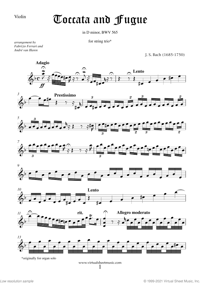 Toccata and Fugue in D minor BWV 565 (parts) sheet music for string trio by Johann Sebastian Bach, classical score, intermediate/advanced skill level