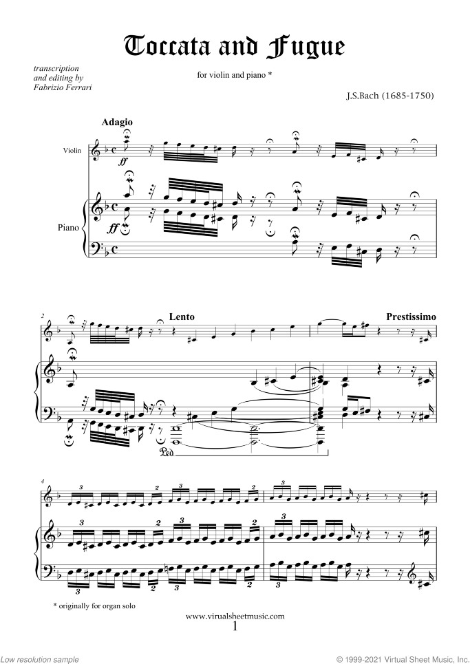 Toccata and Fugue in D minor BWV 565 sheet music for violin and piano by Johann Sebastian Bach, classical score, intermediate/advanced skill level