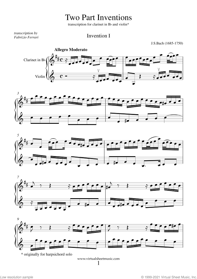 Two Part Inventions sheet music for clarinet and violin by Johann Sebastian Bach, classical score, intermediate/advanced duet