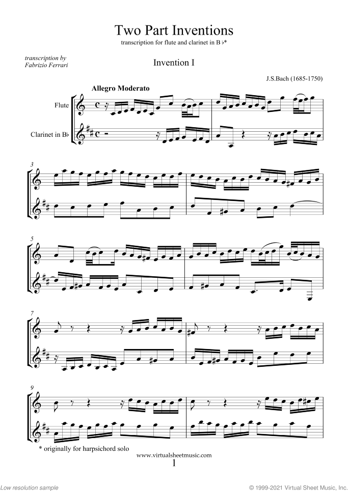 Two Part Inventions sheet music for flute and clarinet by Johann Sebastian Bach, classical score, intermediate duet