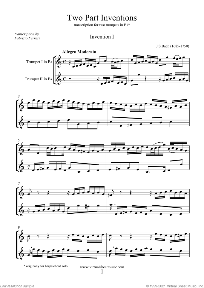 Two Part Inventions sheet music for two trumpets by Johann Sebastian Bach, classical score, intermediate duet