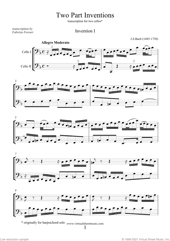 Two Part Inventions sheet music for two cellos by Johann Sebastian Bach, classical score, intermediate duet