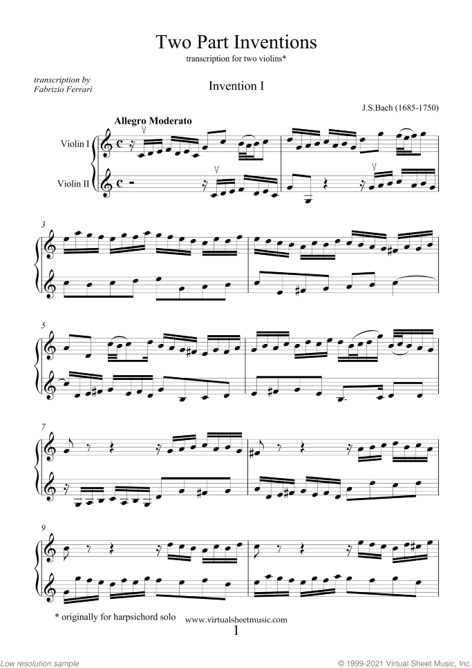 Two Part Inventions sheet music for two violins by Johann Sebastian Bach, classical score, intermediate duet