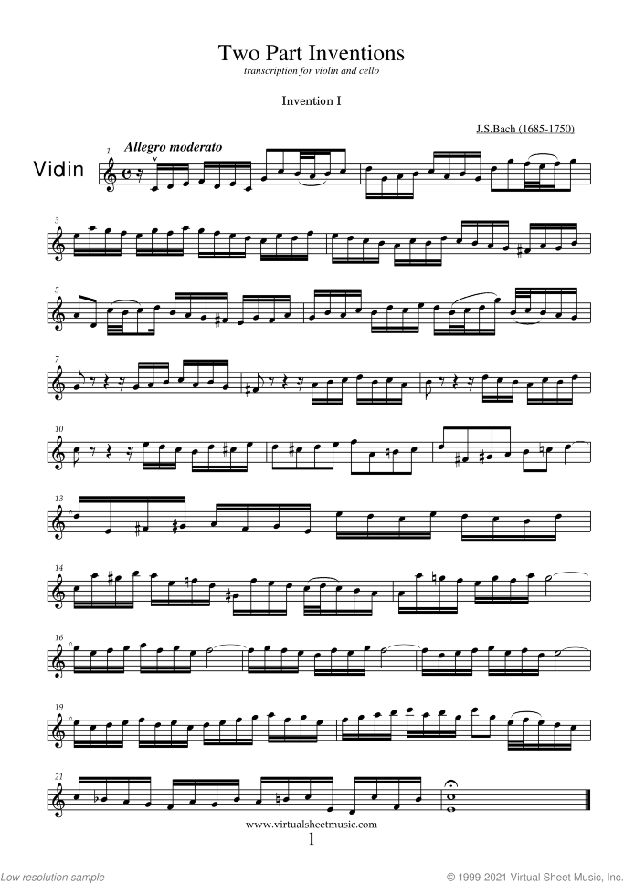 Two Part Inventions sheet music for violin and cello by Johann Sebastian Bach, classical score, intermediate duet