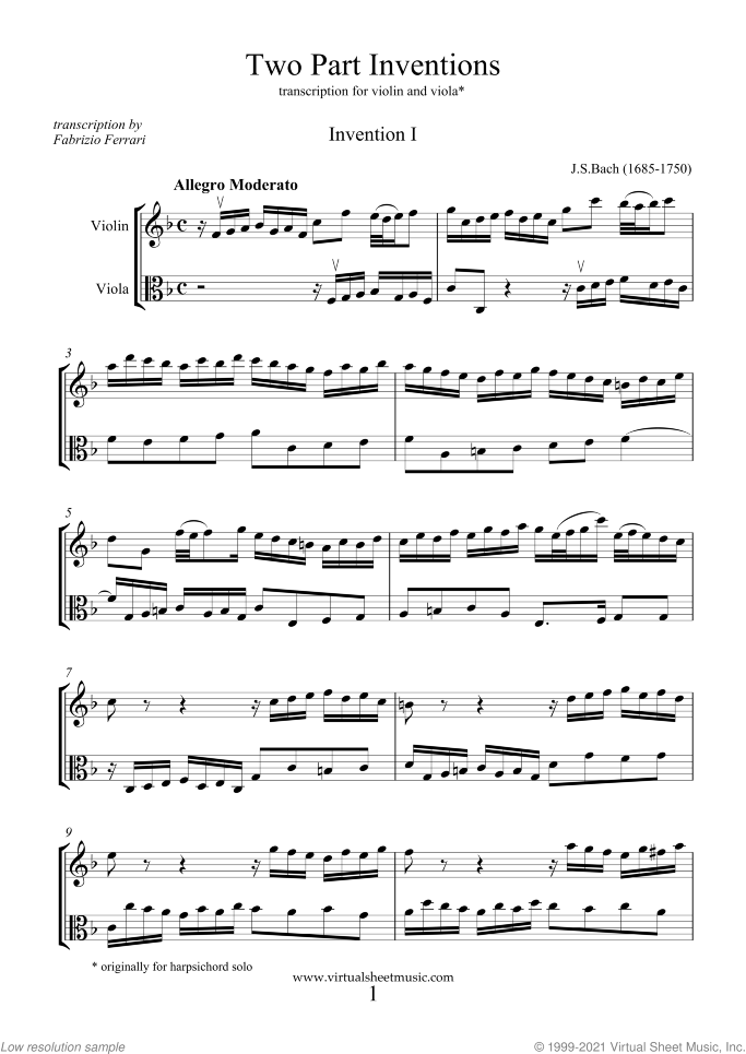 Two Part Inventions sheet music for violin and viola by Johann Sebastian Bach, classical score, intermediate duet