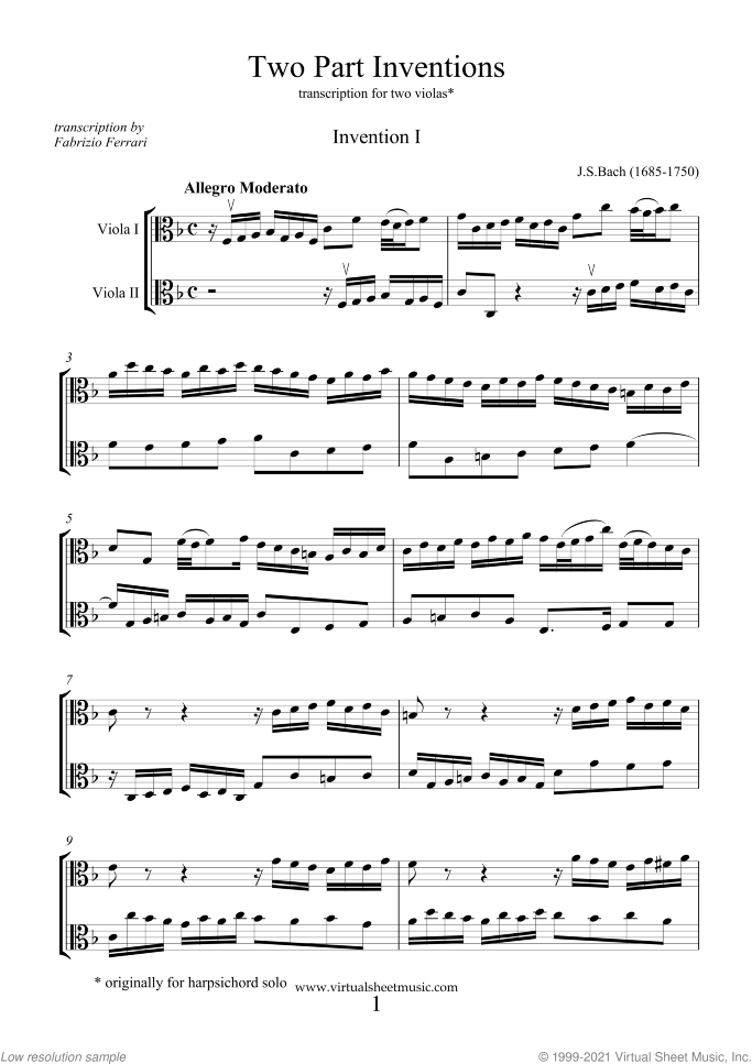 Two Part Inventions sheet music for two violas by Johann Sebastian Bach, classical score, intermediate duet