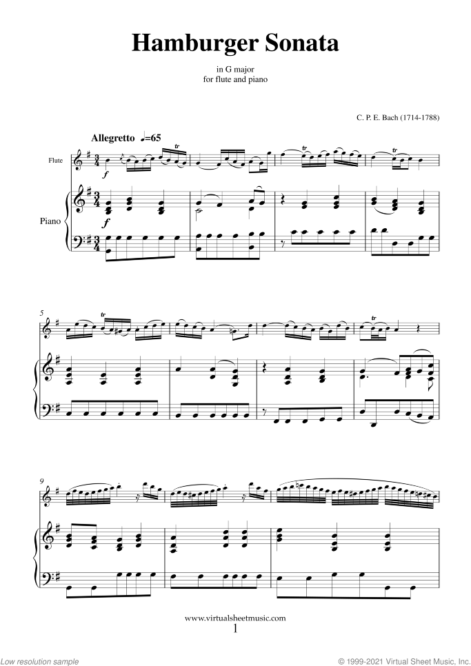 Hamburger Sonata in G major (H.550) sheet music for flute and piano by Carl Philip Emanuel Bach, classical score, intermediate skill level