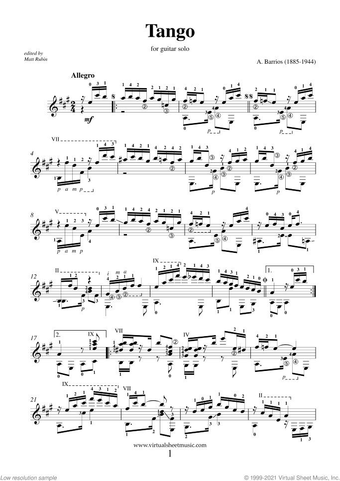 Tango sheet music for guitar solo by Agustin Barrios, classical score, advanced skill level