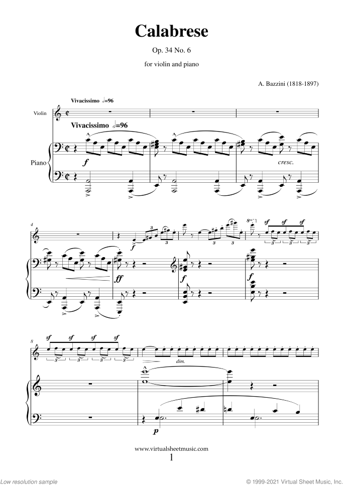 Calabrese Op.34 No.6 sheet music for violin and piano by Antonio Bazzini, classical score, advanced skill level
